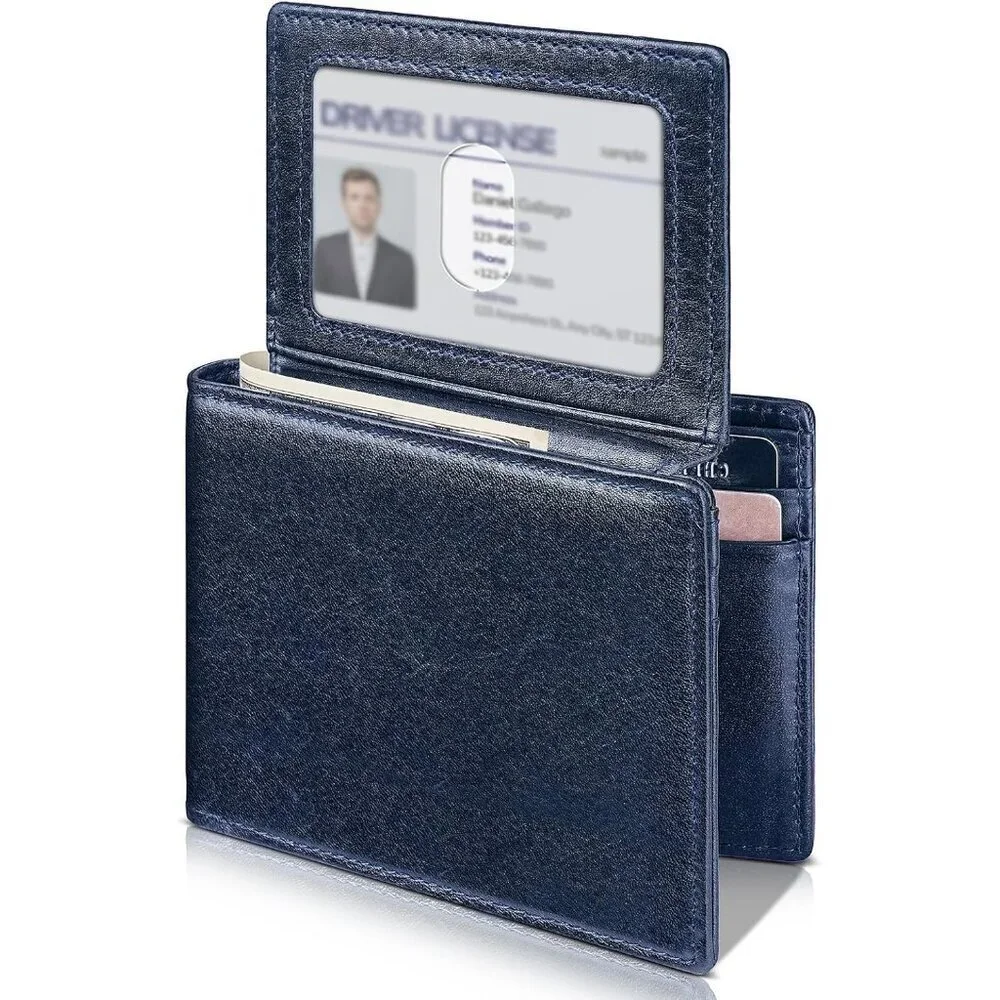 Men's Classic Bifold Wallet Card Navy Blue Style Genuine Leather 2 Cash Pockets
